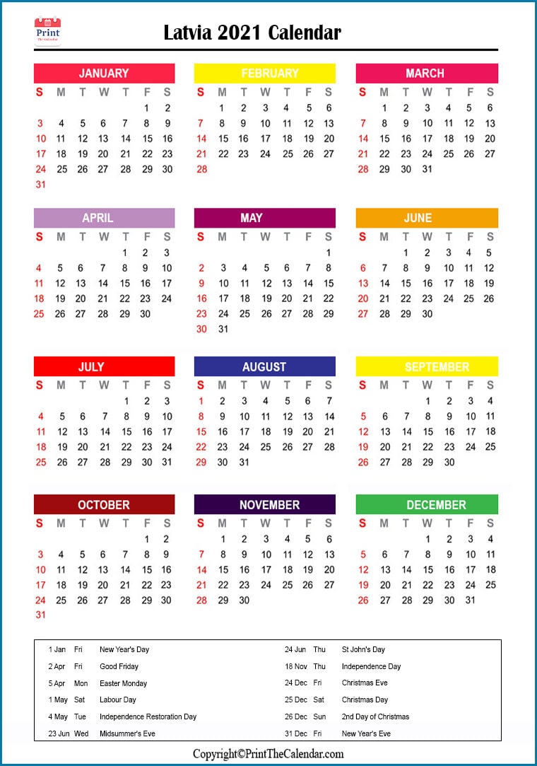Latvia Printable Calendar 2021